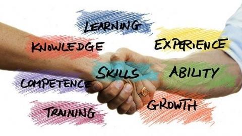 Stock image of two people shaking hands with some captions learning knowledge, experience, skills, competence Cora ability, training, and Growth